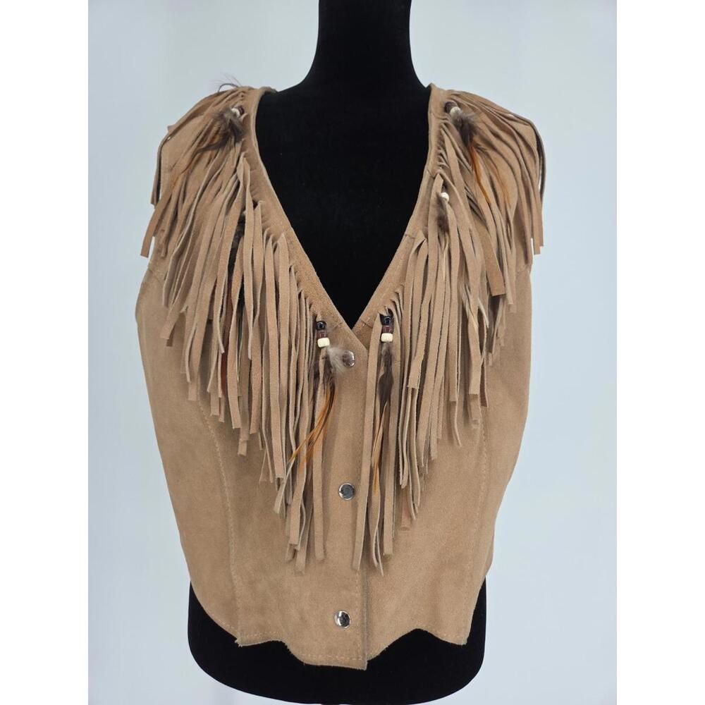Vintage HB Native American Tasseled Feathered Tan Leather Vest Large‎